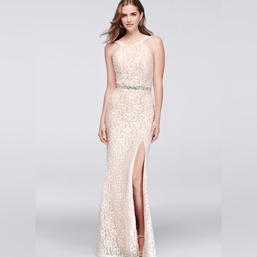 Ivory Lace Bodice Halter Long Dresses Moss